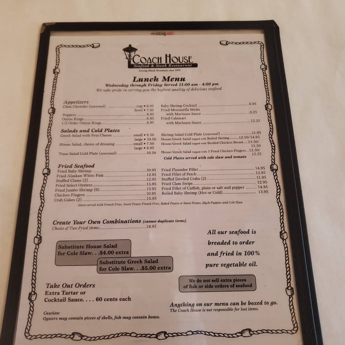 Menu at Coach House Seafood & Steak steakhouse, Black Mountain