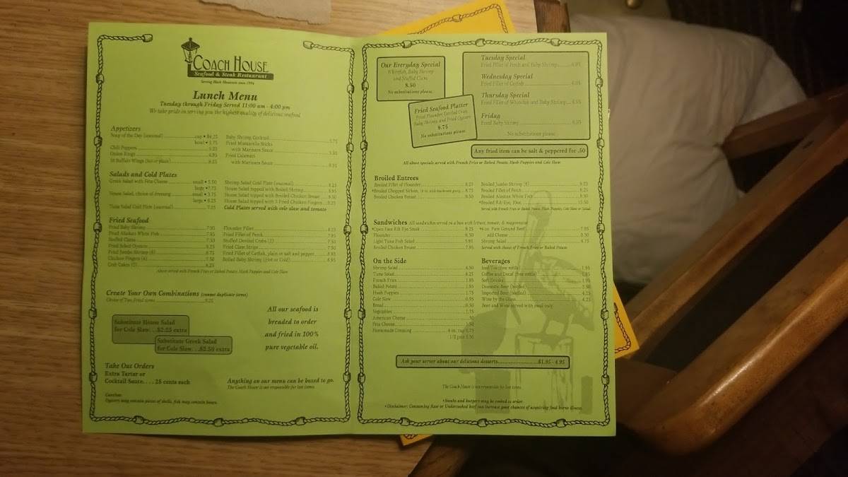 Menu at Coach House Seafood & Steak steakhouse, Black Mountain