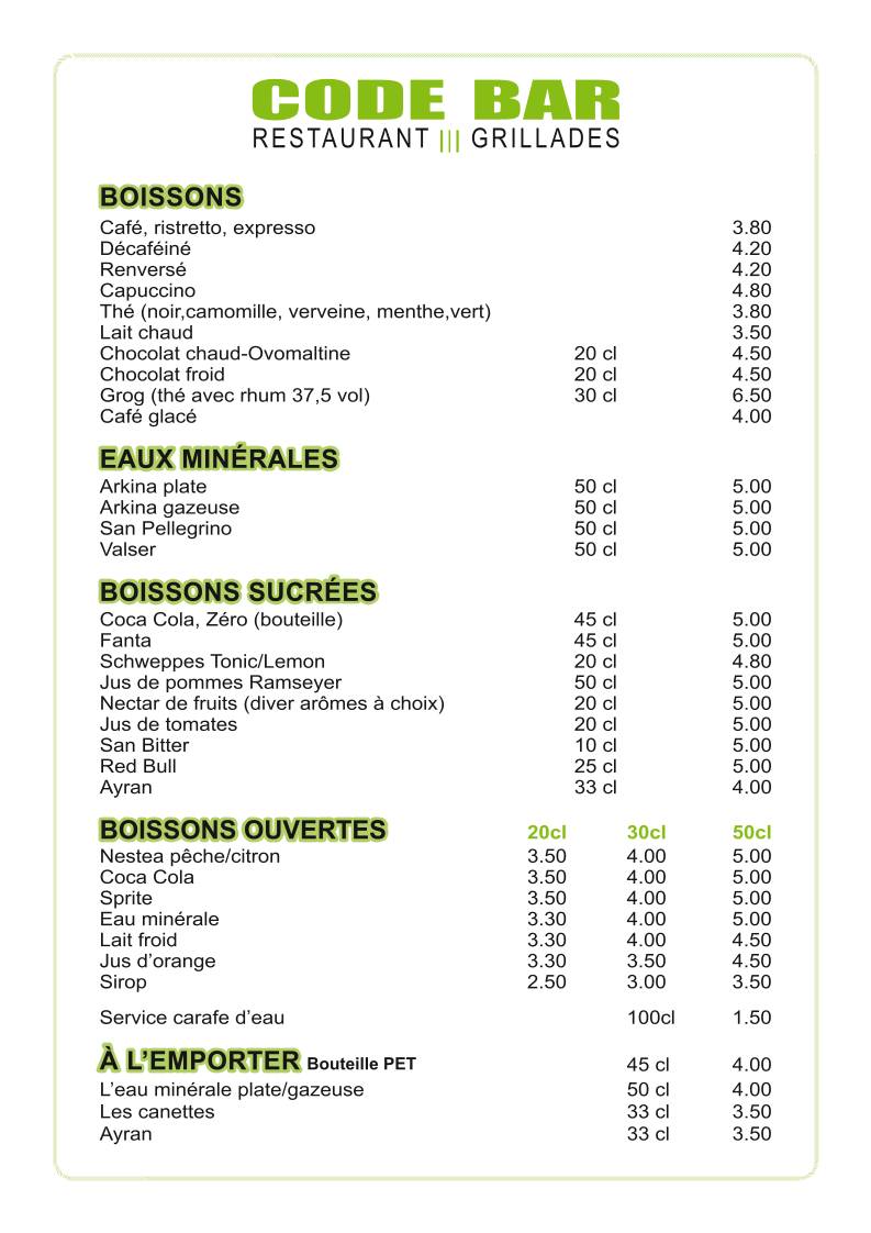 Menu de Code Bar- kebab pizza & Lausanne gare