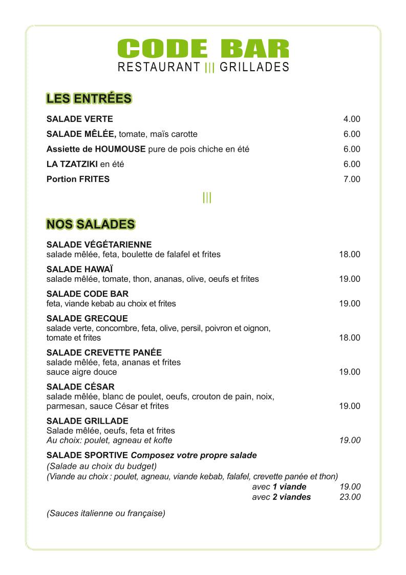 Menu de Code Bar- kebab pizza & Lausanne gare