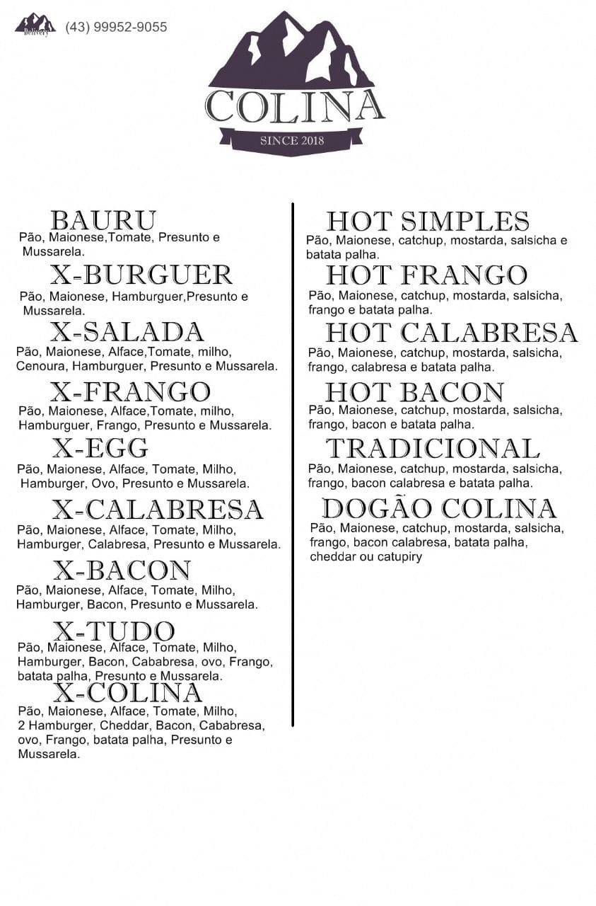 Colina Hot Dog cardápio