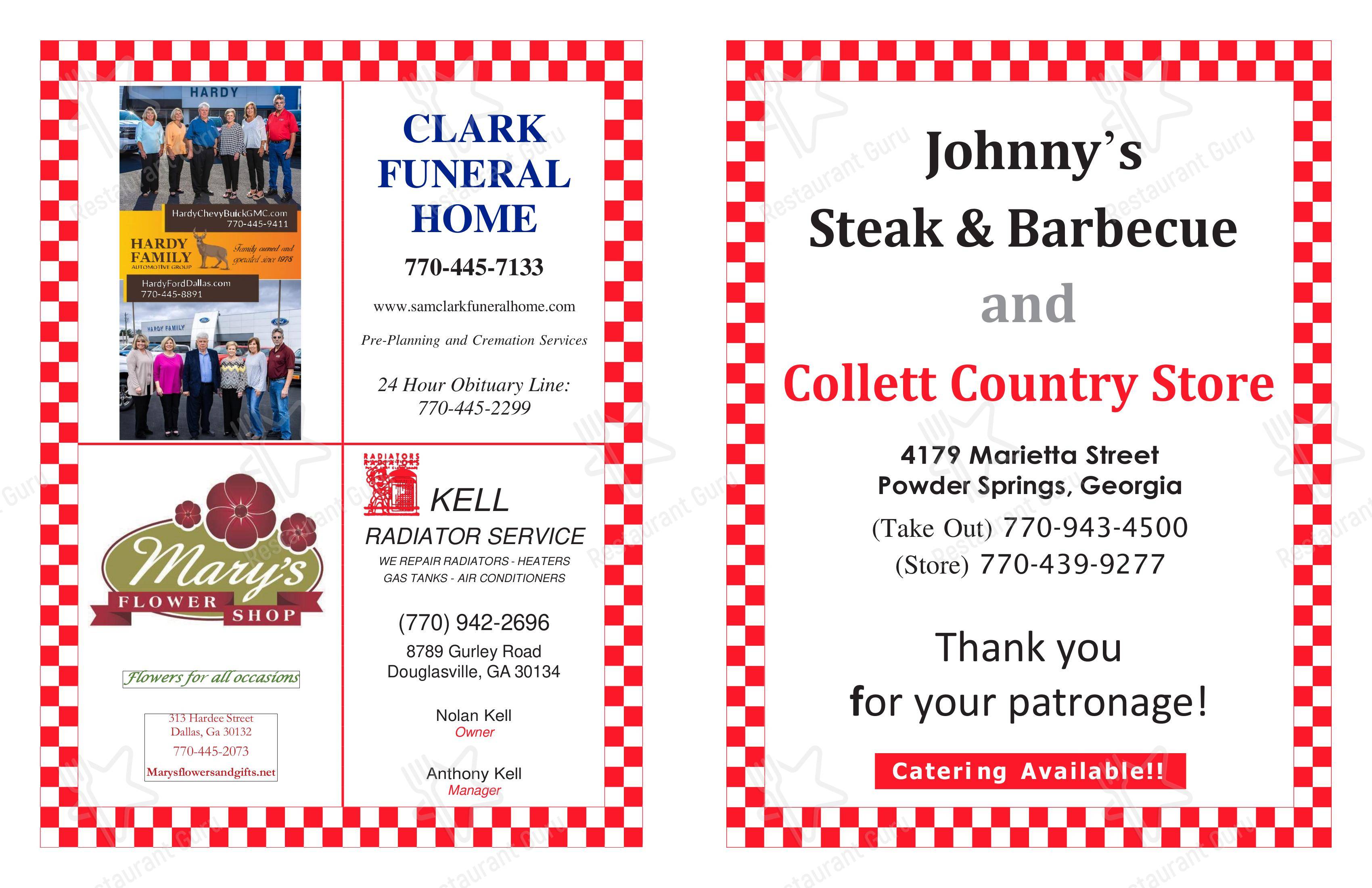 Menu at Collett Country Store and Johnny's BBQ, Powder Springs