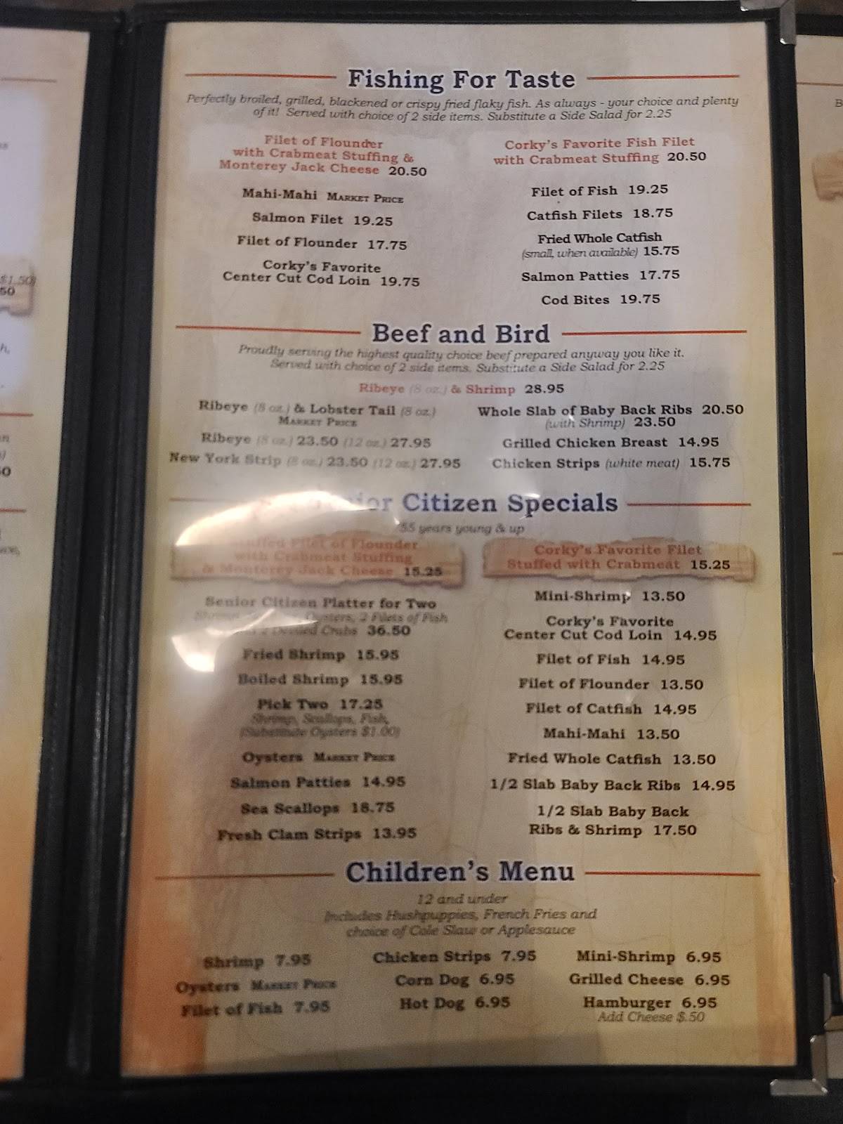 Menu at Corky Bell's Seafood & Steaks steakhouse, Fleming Island