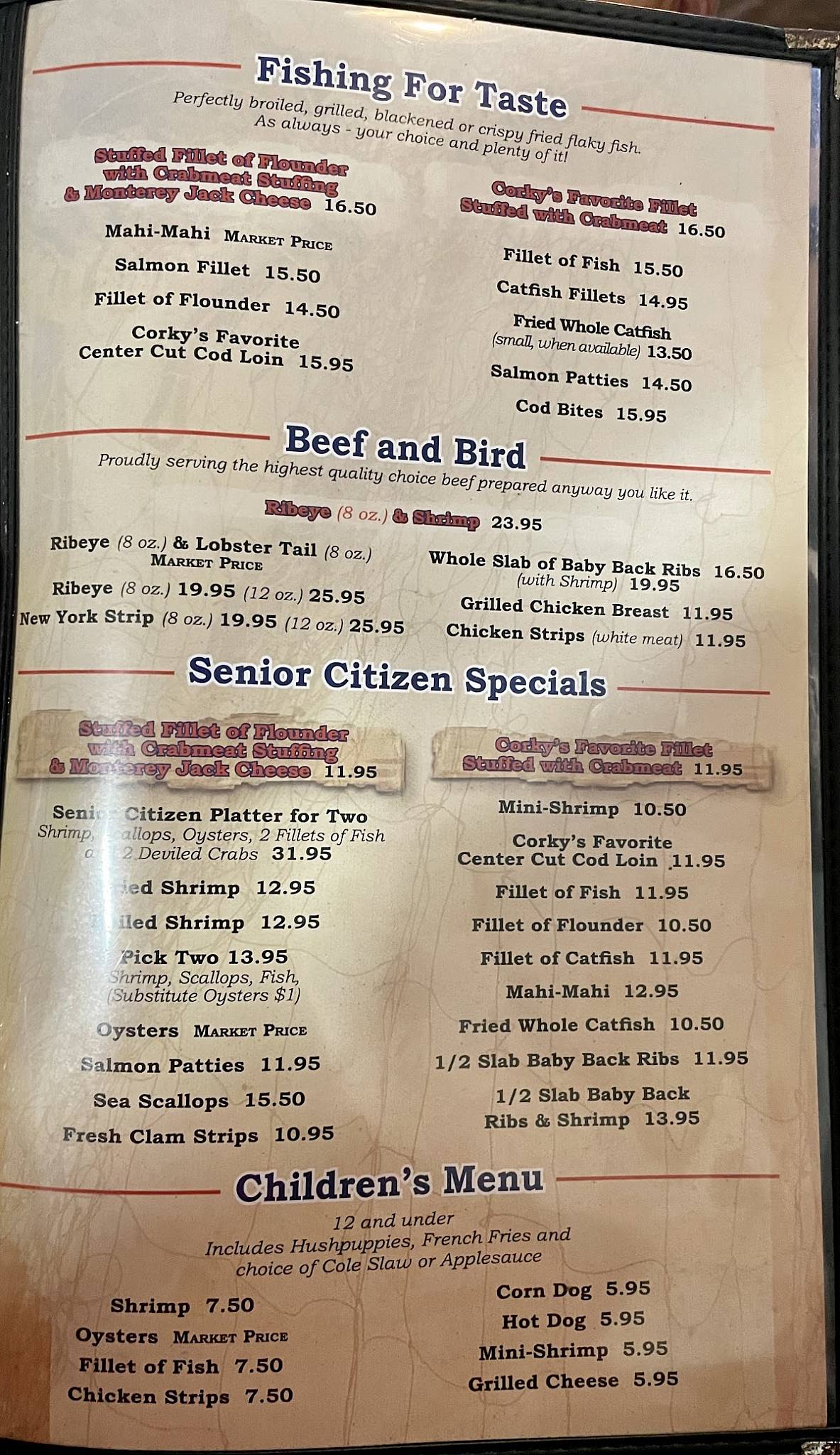 Menu at Corky Bell's Seafood & Steaks steakhouse, Fleming Island