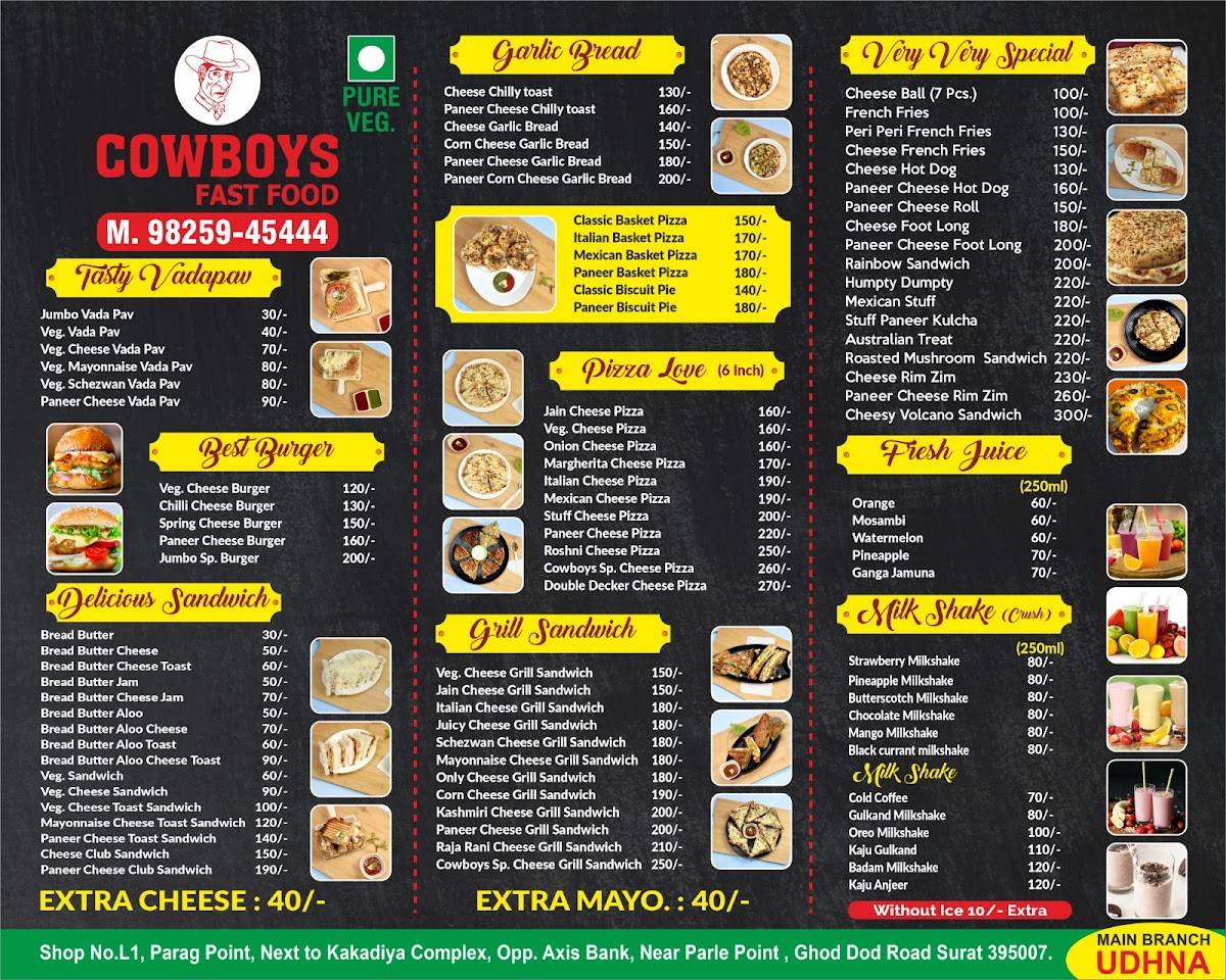 Cow Boys Fast Food, Mochtails, Juice & Ice-Cream menu