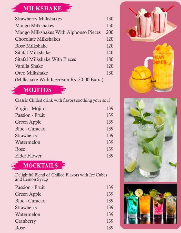 Cream Corner menu