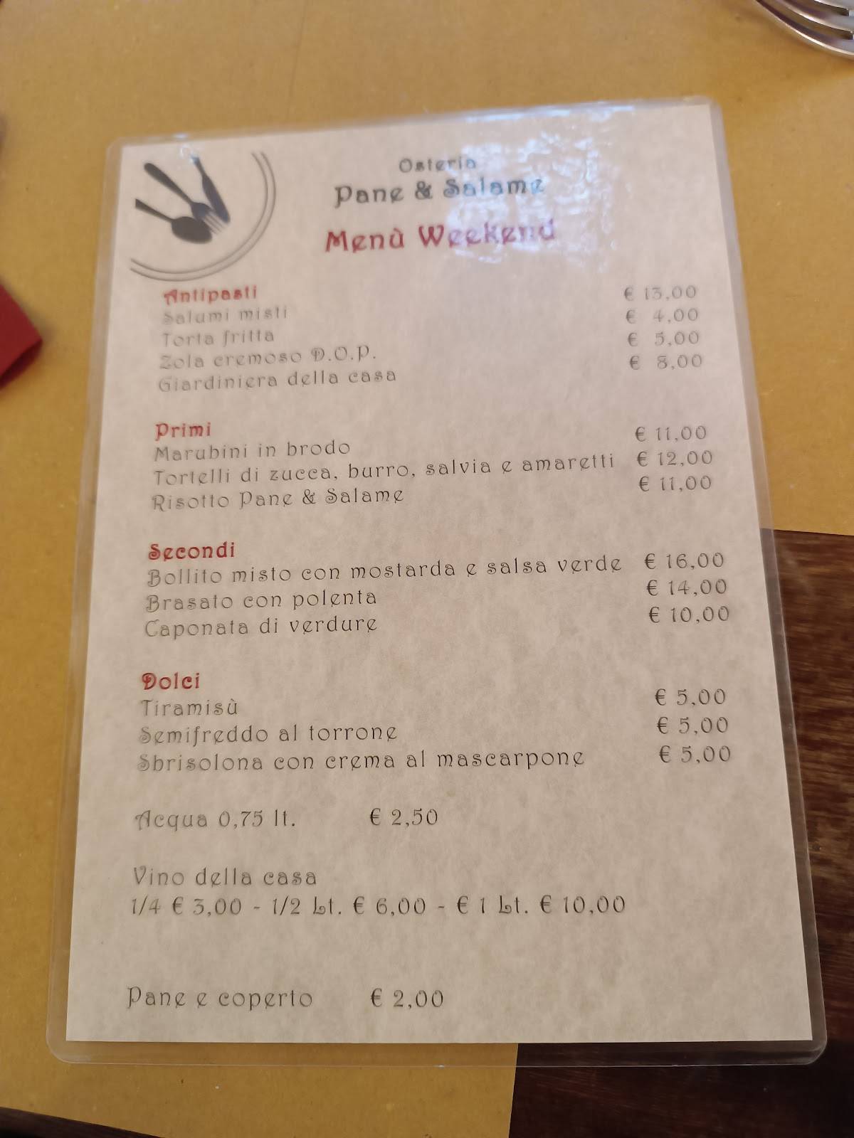 Menu di Osteria Pane e Salame