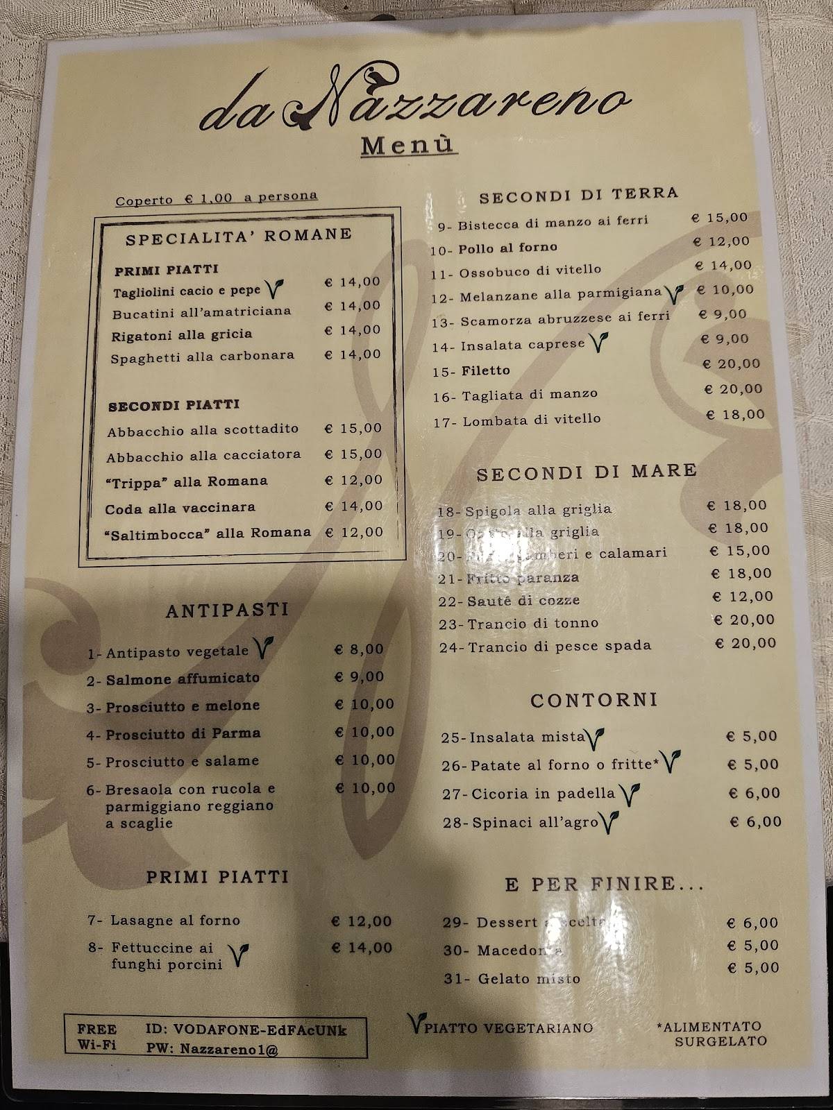 Menu di Da Nazzareno 