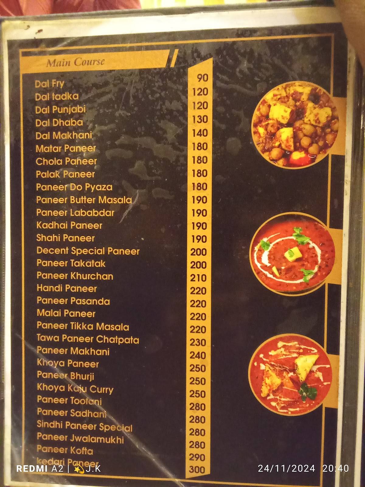 Decent Restaurant menu