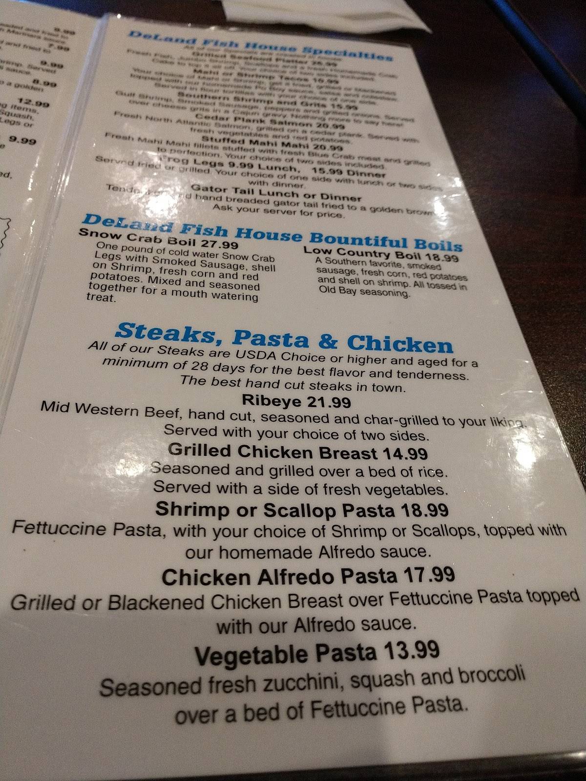 Menu at Deland Fish House restaurant, DeLand, 310 E International