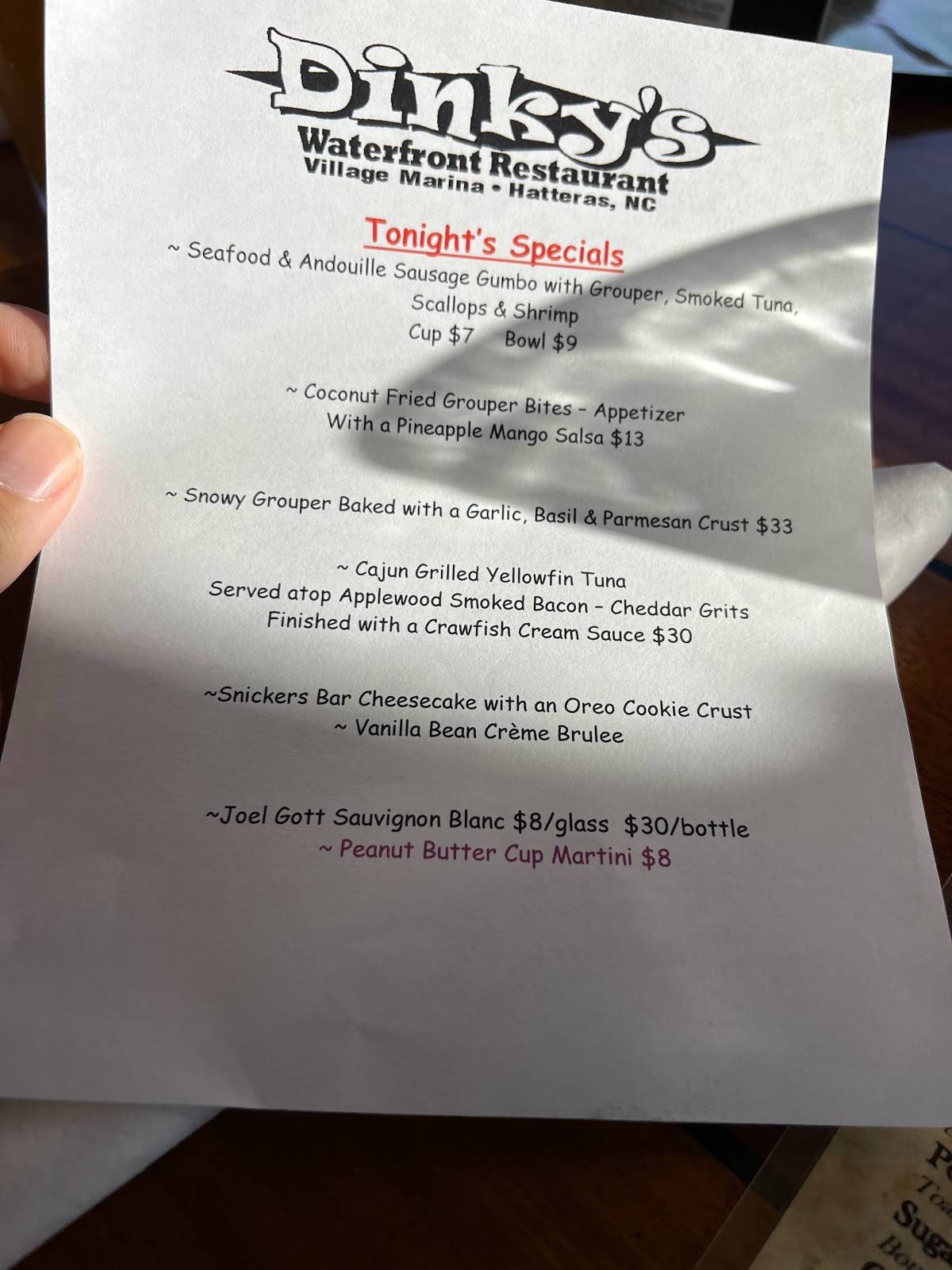 Menu at Dinky's Waterfront Restaurant, Hatteras