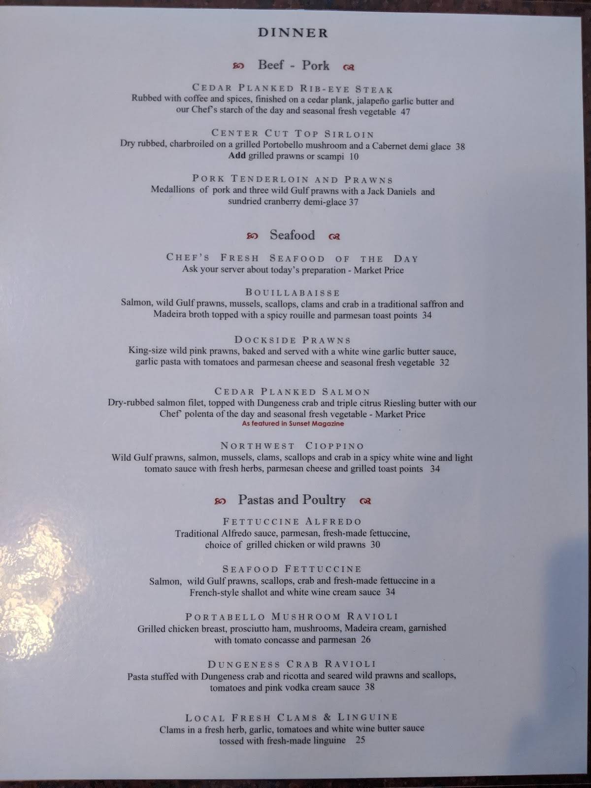 Menu at Dockside Grill steakhouse, Sequim