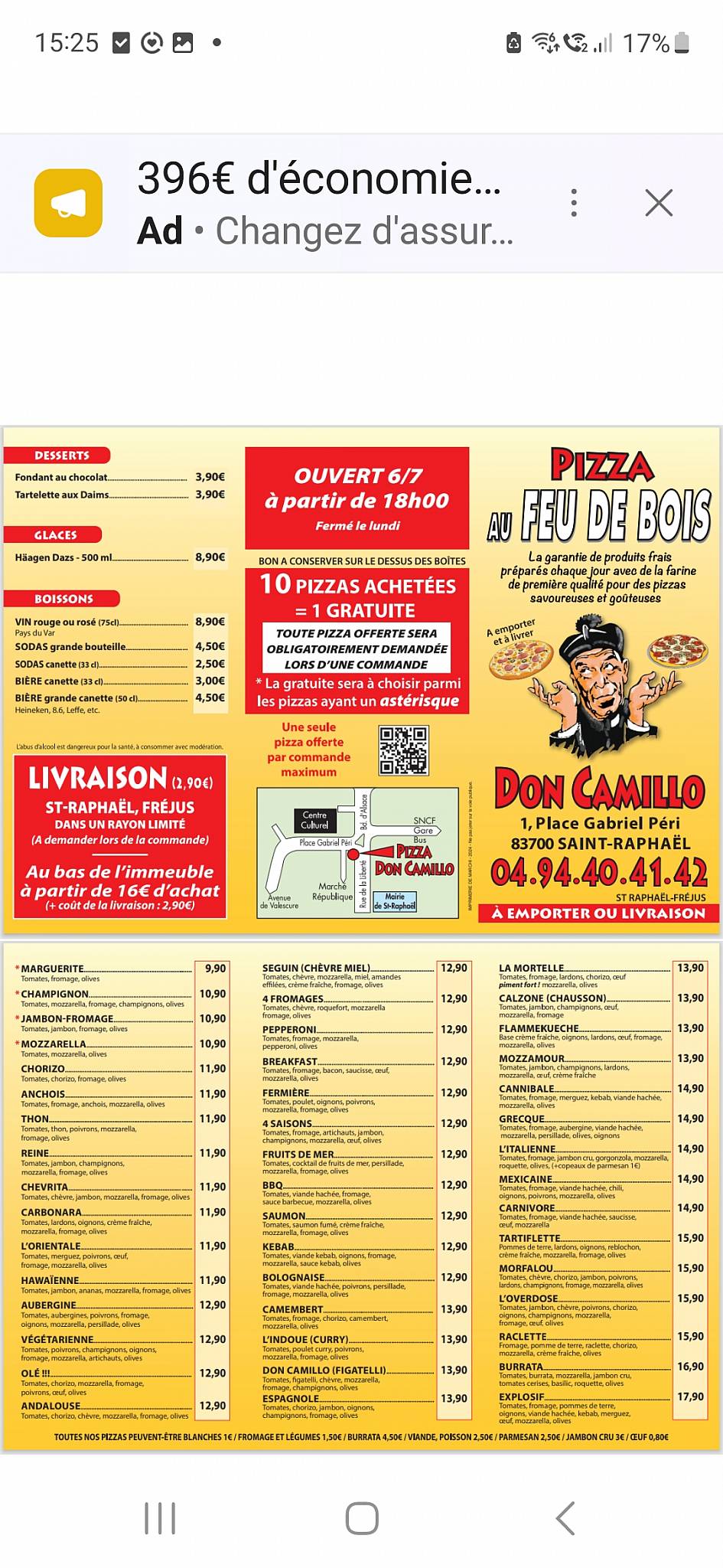 Menu de Don Camillo Pizza