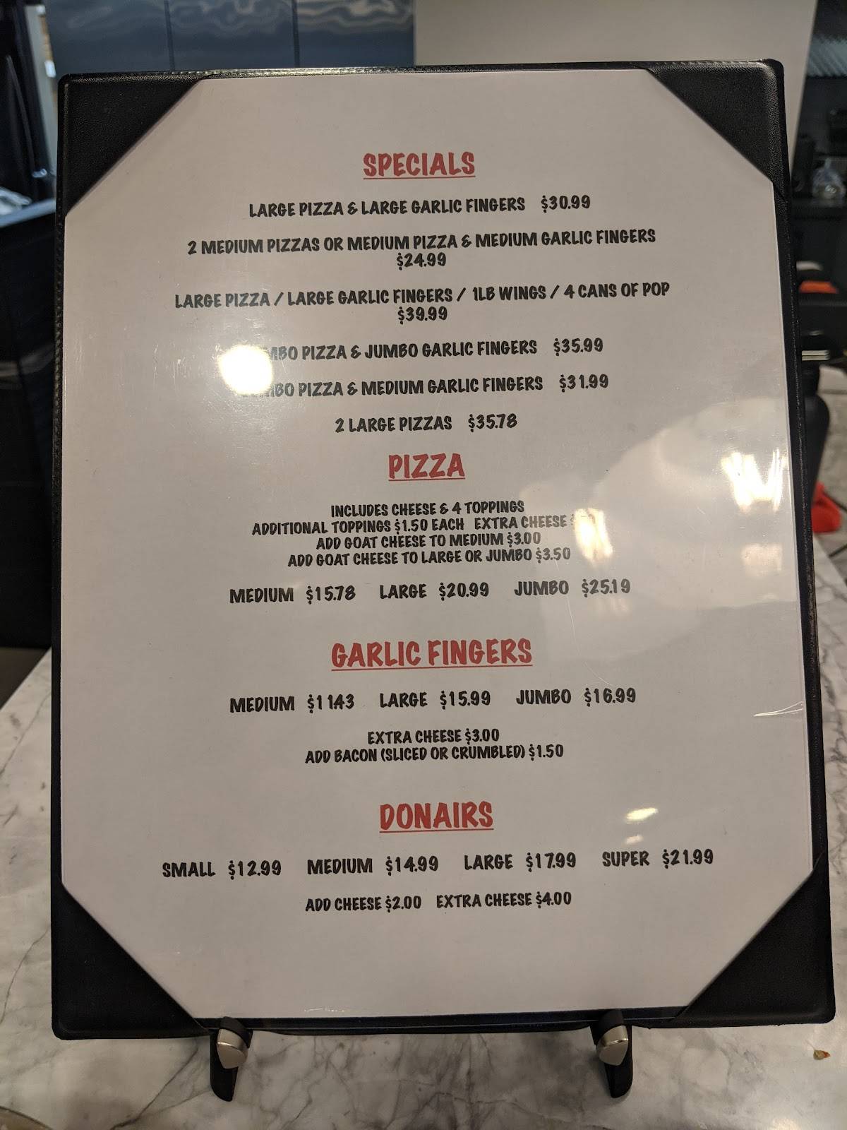 Menu at Donati's Pizza restaurant, St. John's, 5 Churchill Square