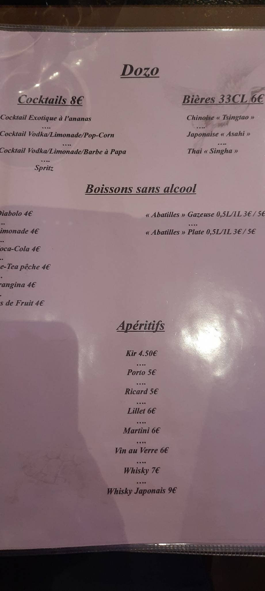 Menu de Dozo
