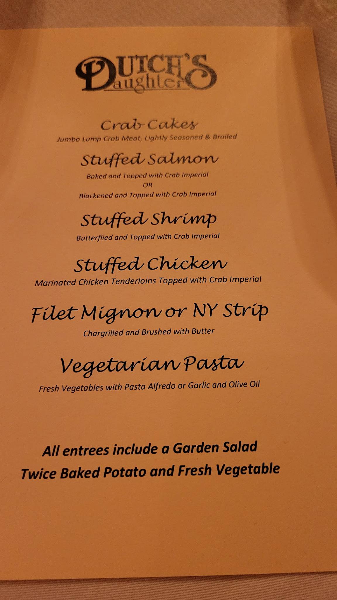 Menu at Dutch's Daughter steakhouse, Frederick, 581 Himes Ave