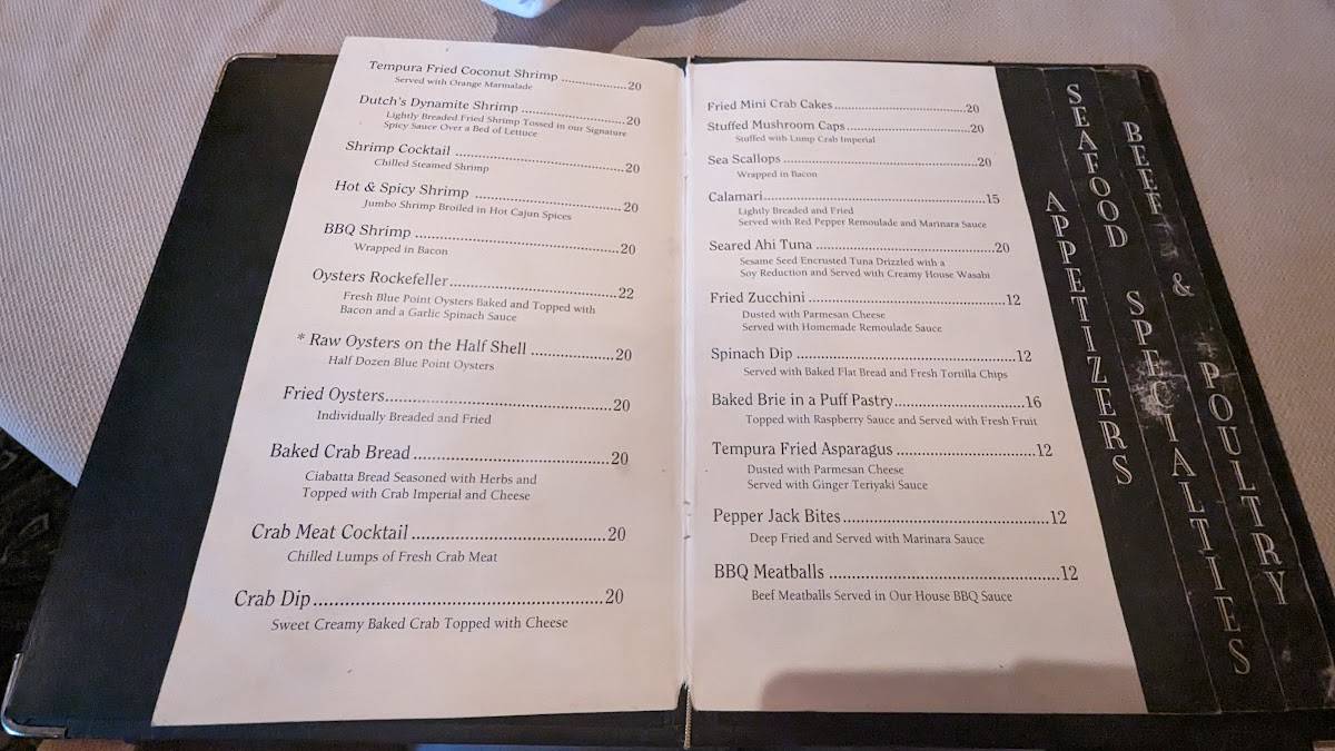 Menu at Dutch's Daughter steakhouse, Frederick, 581 Himes Ave