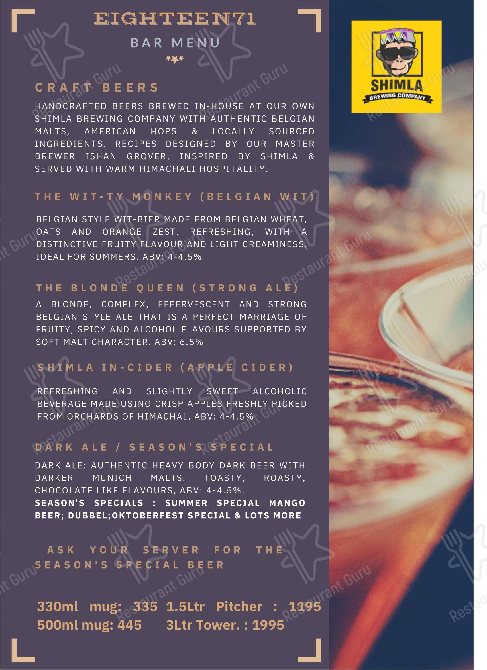 Menu for the Eighteen71 Cookhouse & Bar (Indian & Oriental Fine Dining Restaurant in Shimla) restaurant