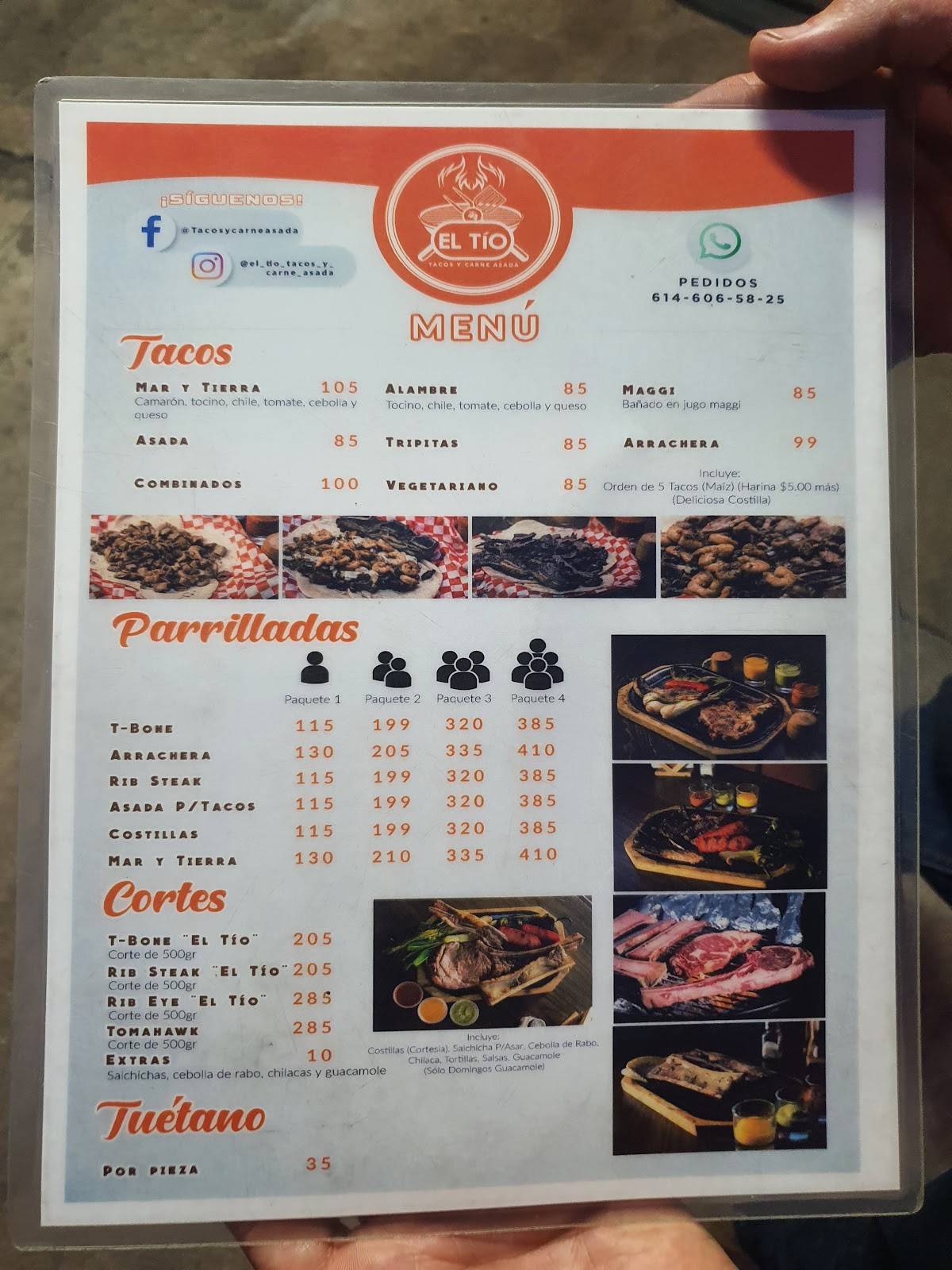 Carta del restaurante El "Tío" Tacos y carne asada, Chihuahua