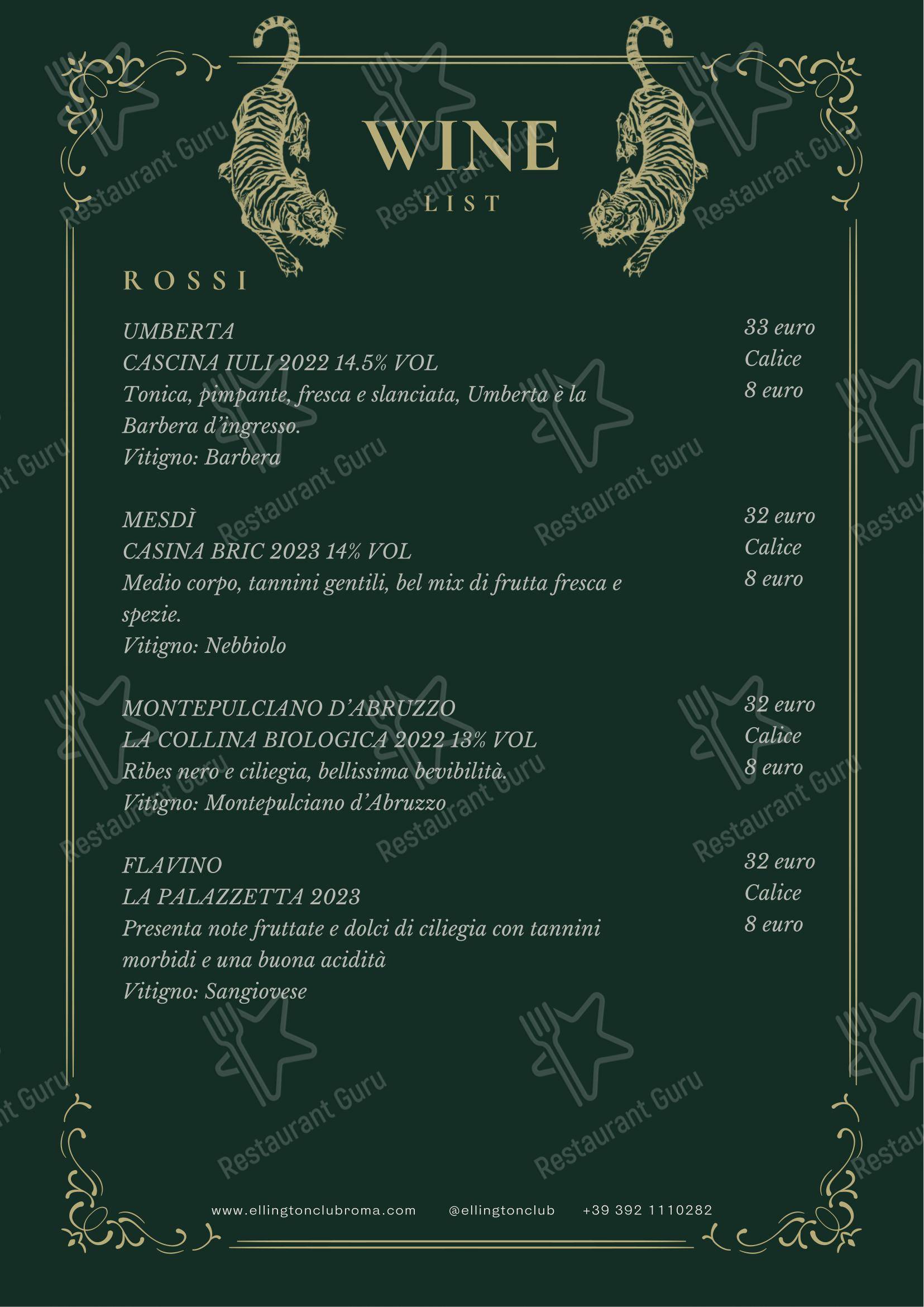 Menu bar per Ellington Club in Roma