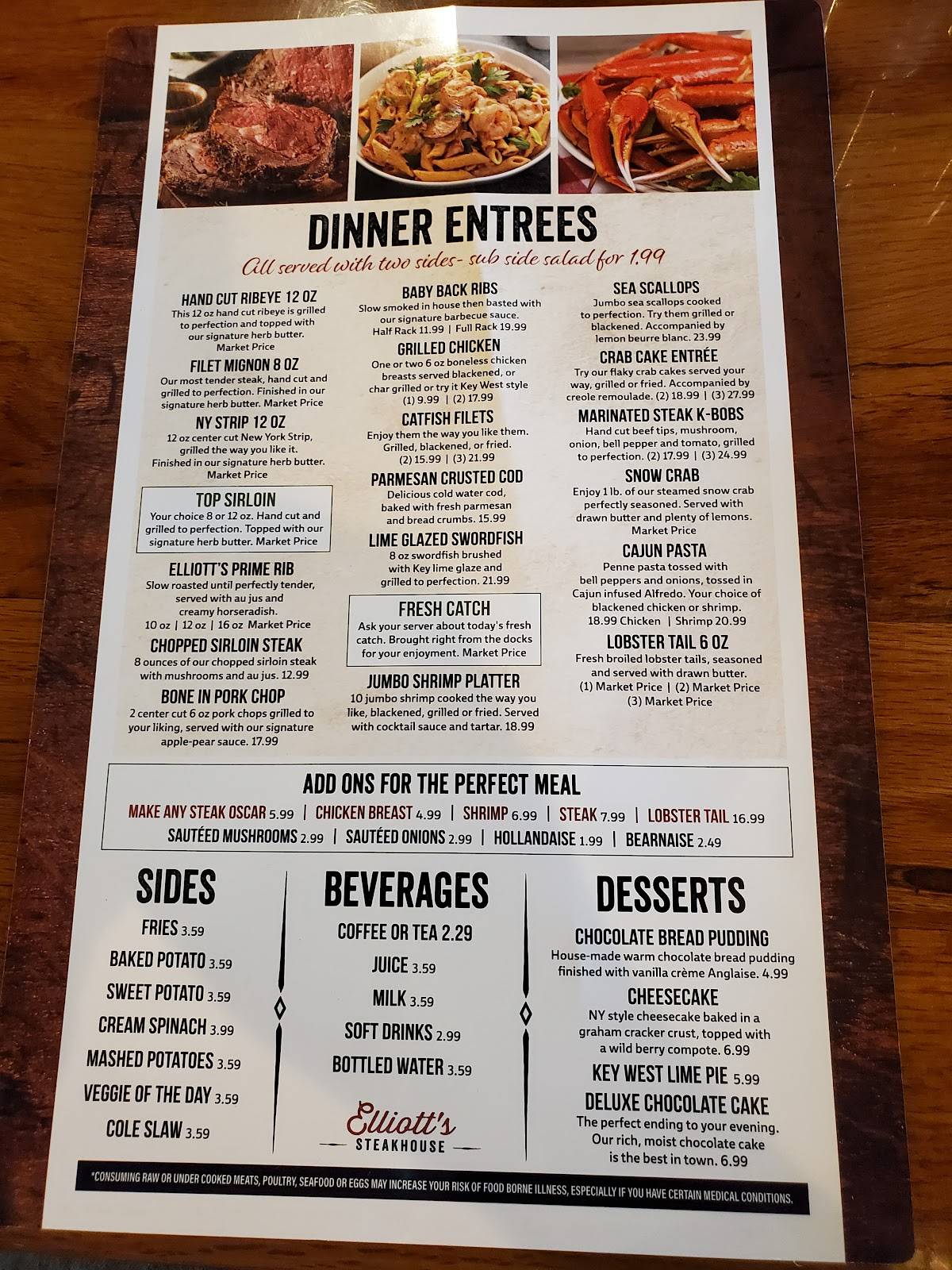 Menu at Elliott's Roadside Grill steakhouse, Edgewater