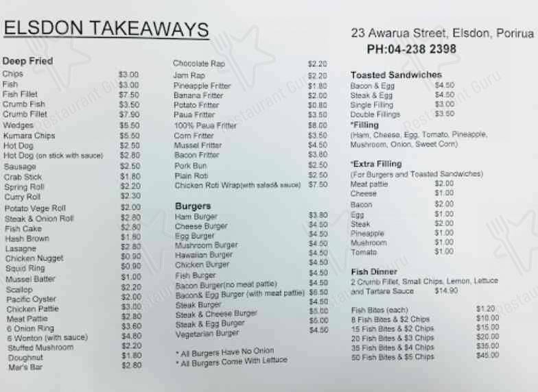 Menu at Elsdon takeaways, Porirua