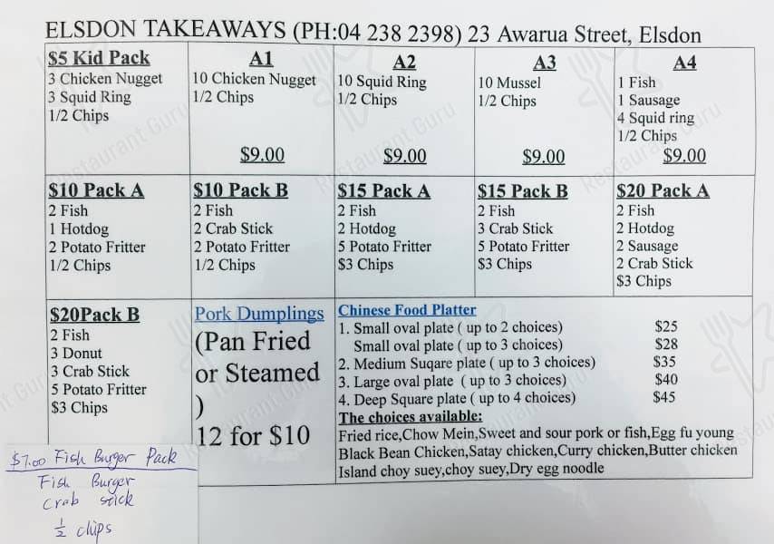 Menu at Elsdon takeaways, Porirua