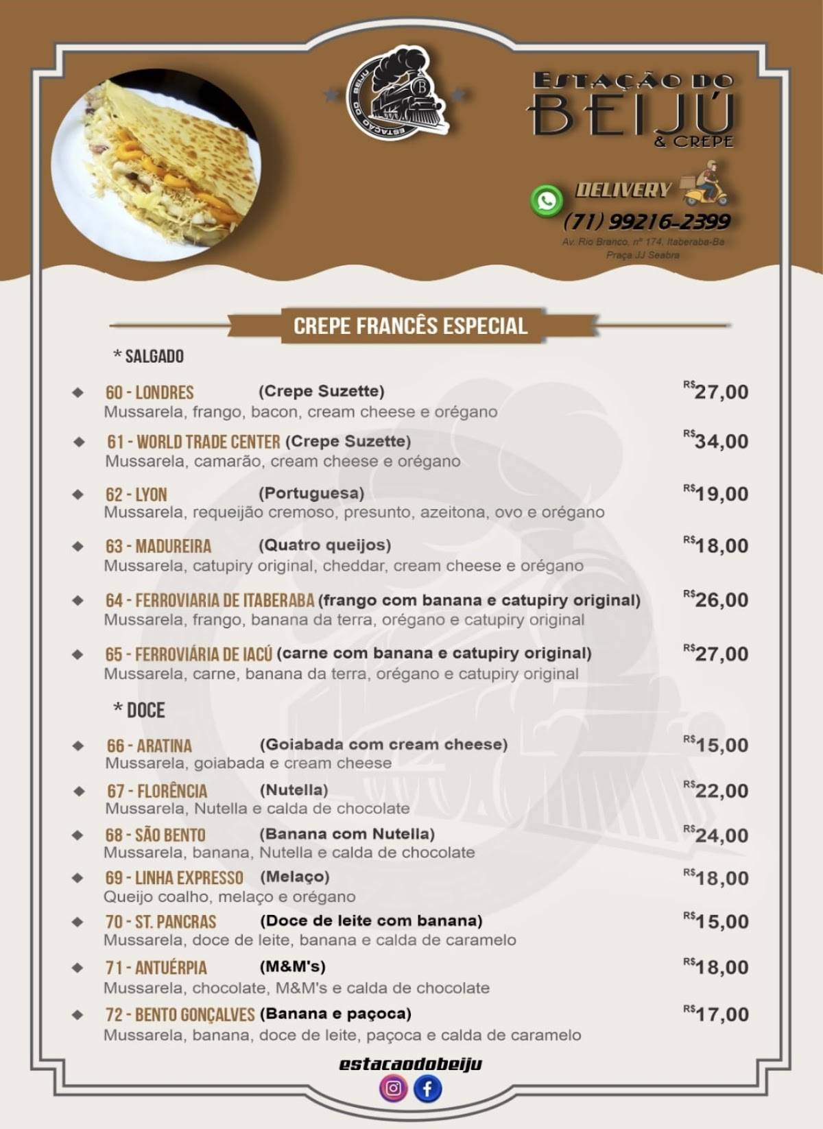 Estação do Beiju & Crepe. cardápio