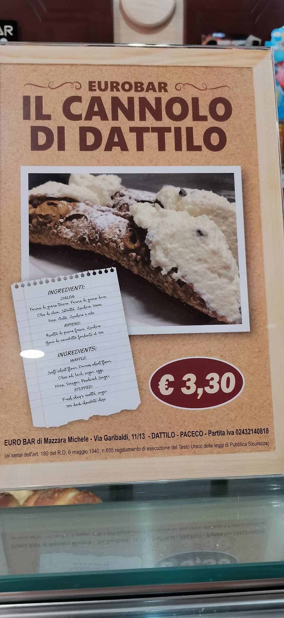 Menu di Euro Bar cannoli siciliani 