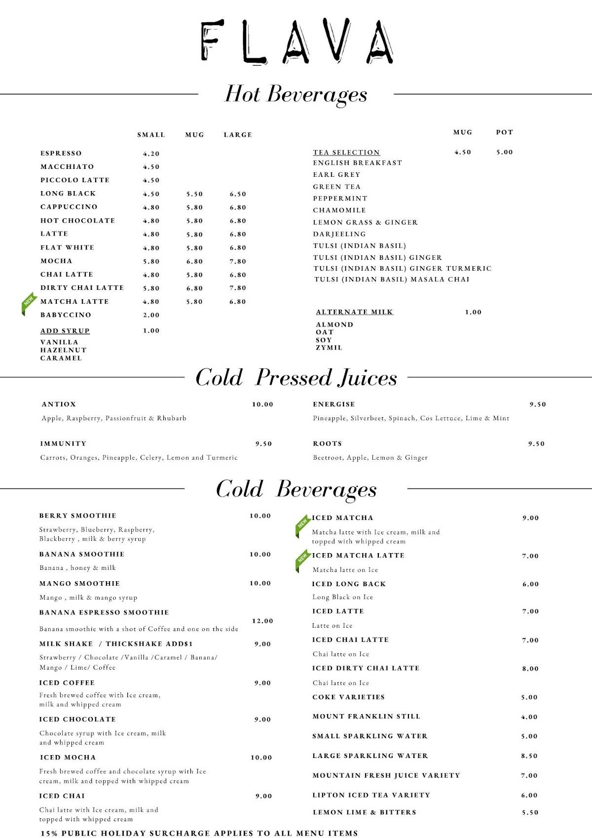 Menu at FLAVA Cafe - 'Taste the Vibe', Christies Beach
