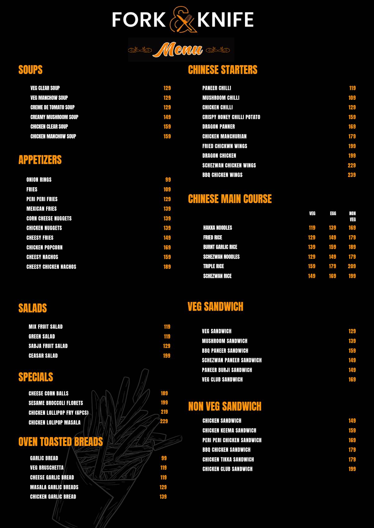 FORK & KNIFE Restaurant menu