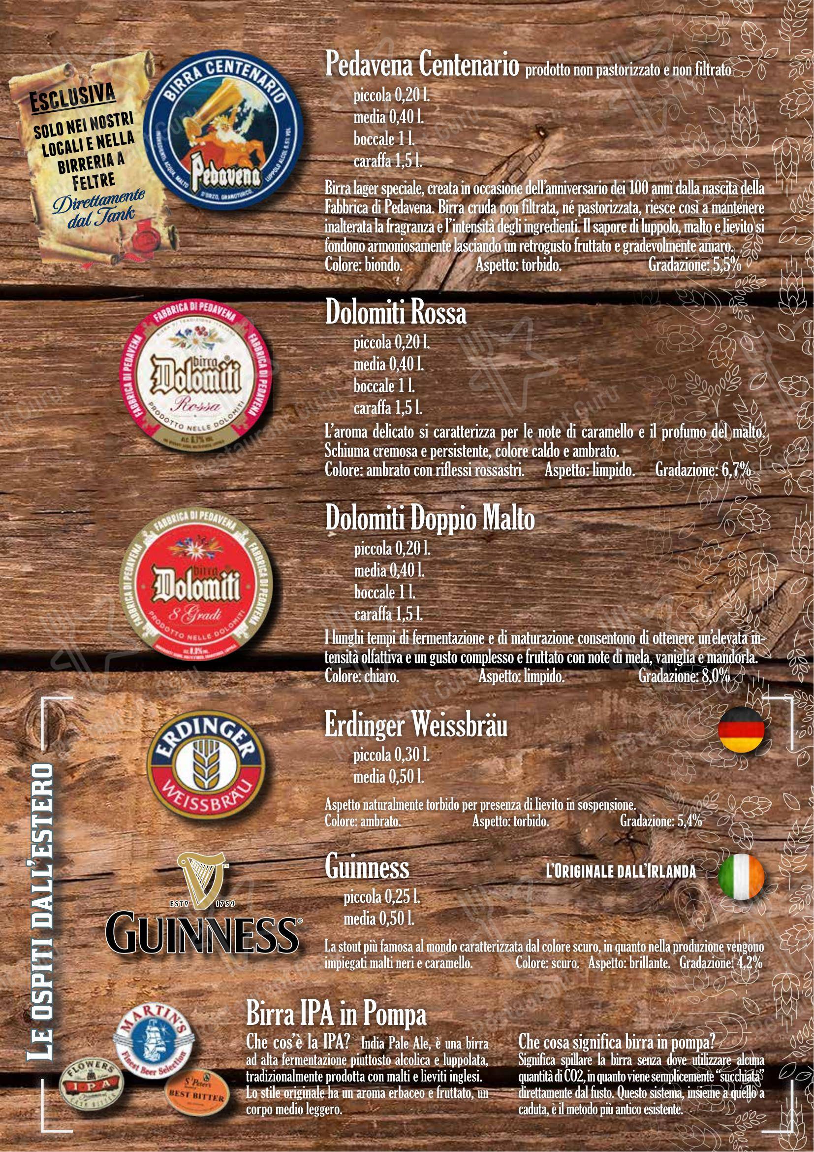 Menu di Fabbrica di Pedavena Mirano - Menu