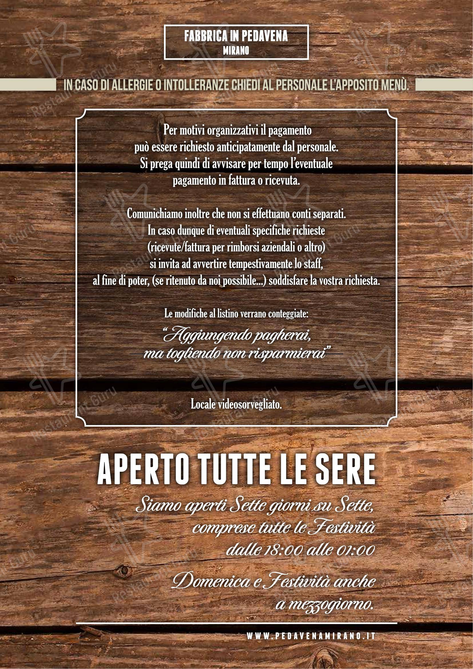 Menu di Fabbrica di Pedavena Mirano - Menu