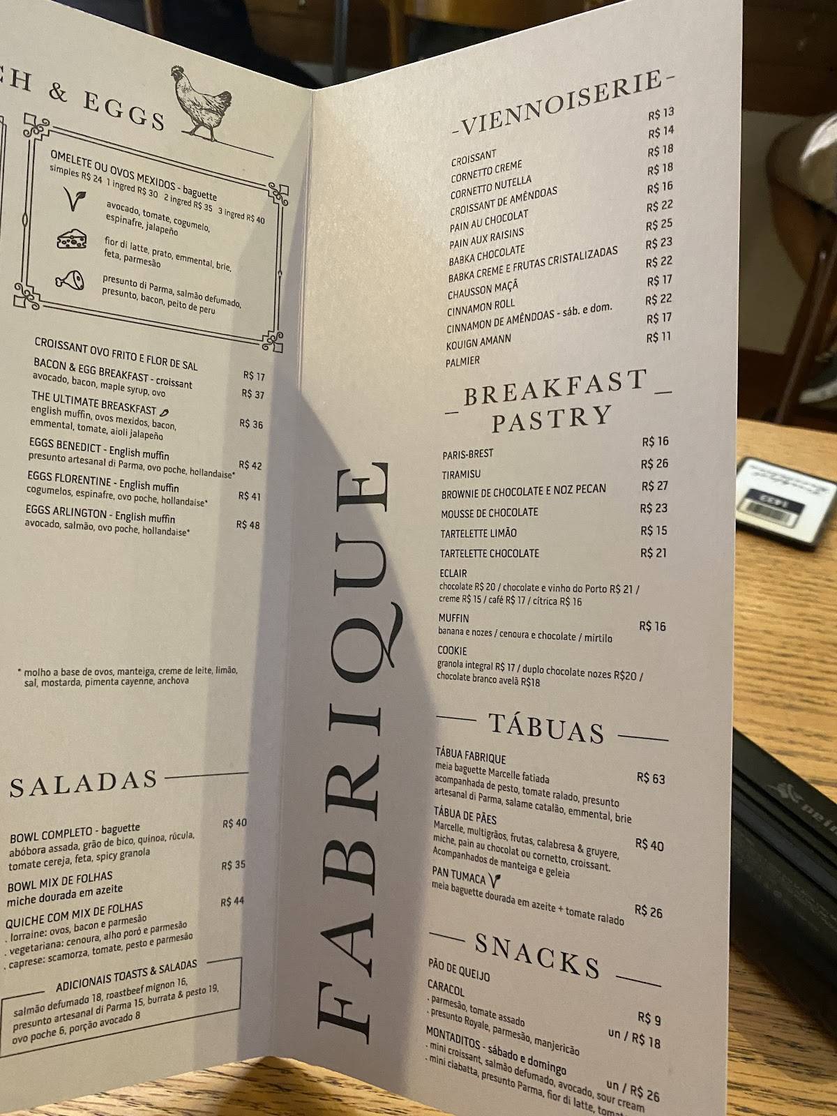 Fabrique Pão e Café cardápio