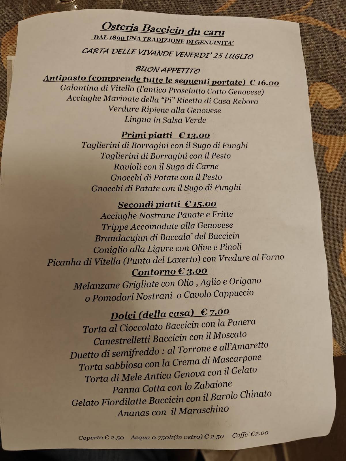 Menu di Baccicin dü Carü 