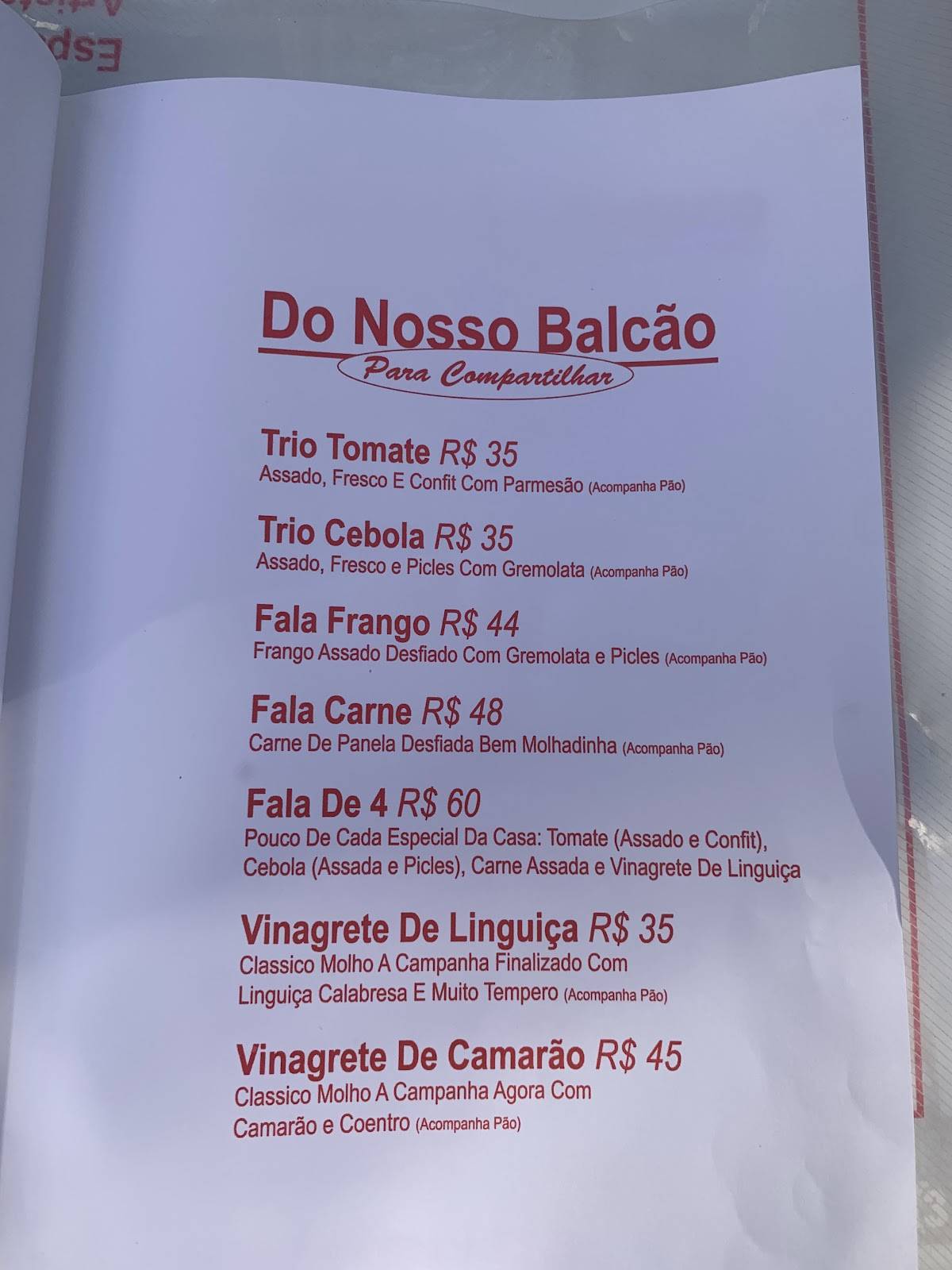 Fala Bar cardápio