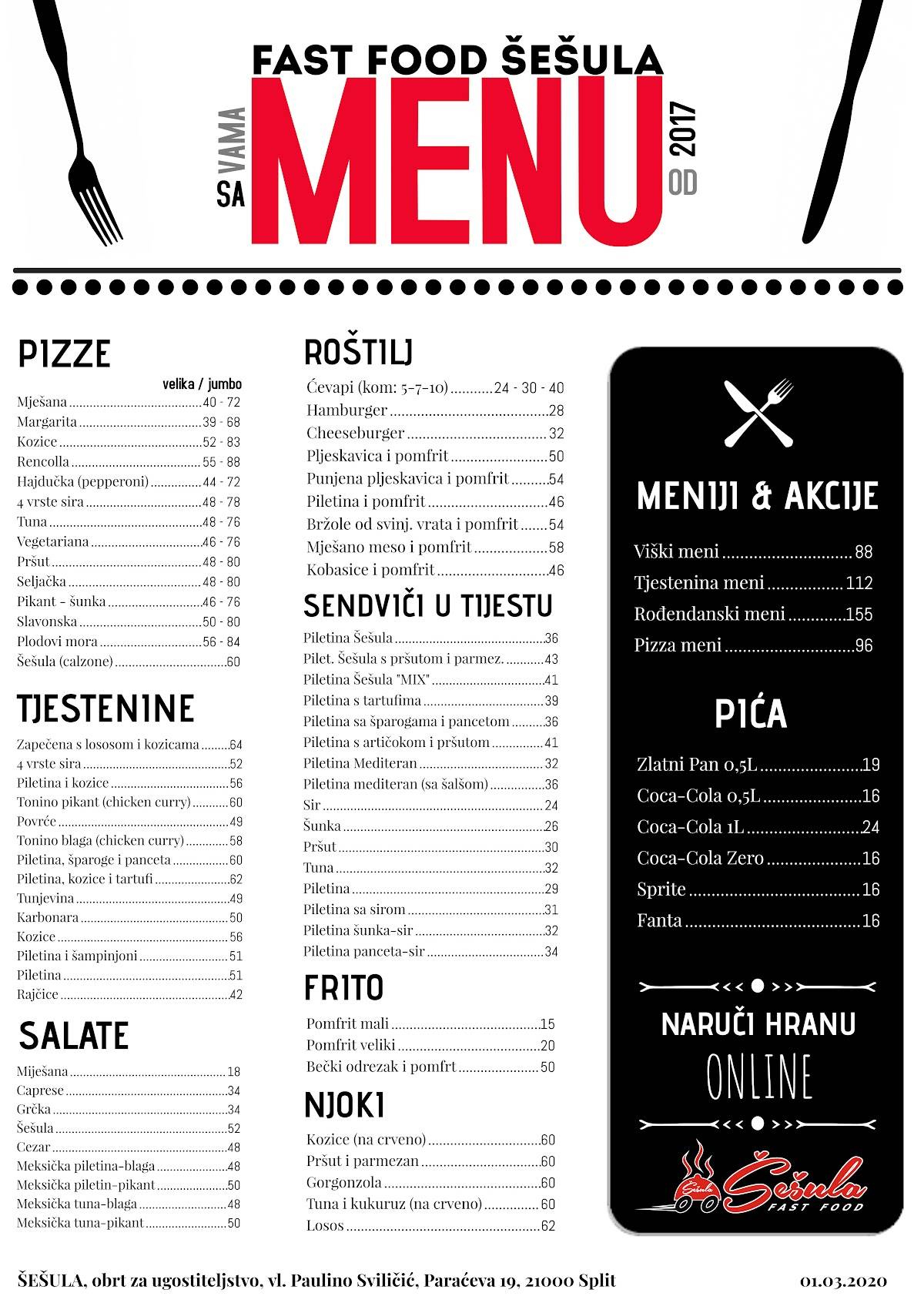 Menu di Fast food Šešula 