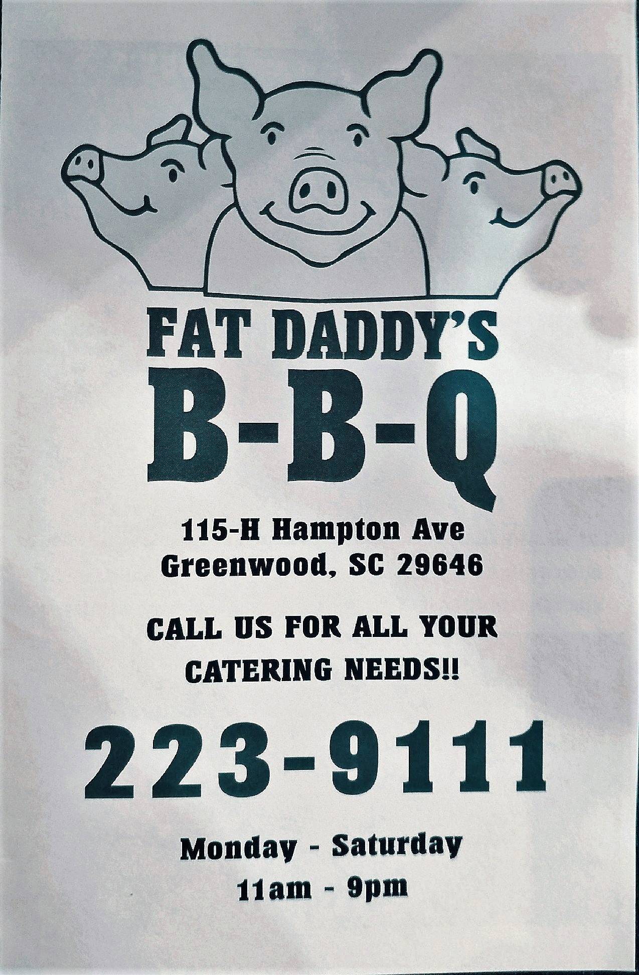 Menu at Fat Daddy's BBQ, Greenwood, 115 Hampton Ave
