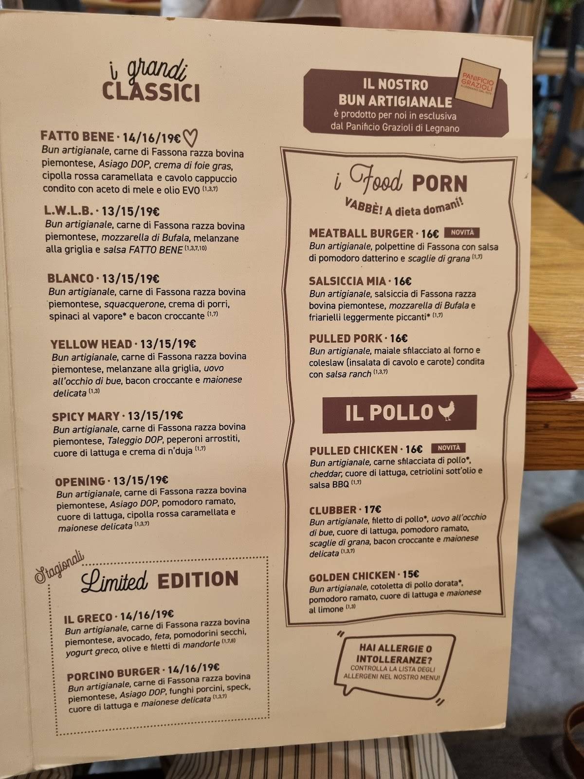 Menu di Fatto Bene Burger | Via V. Monti 56 