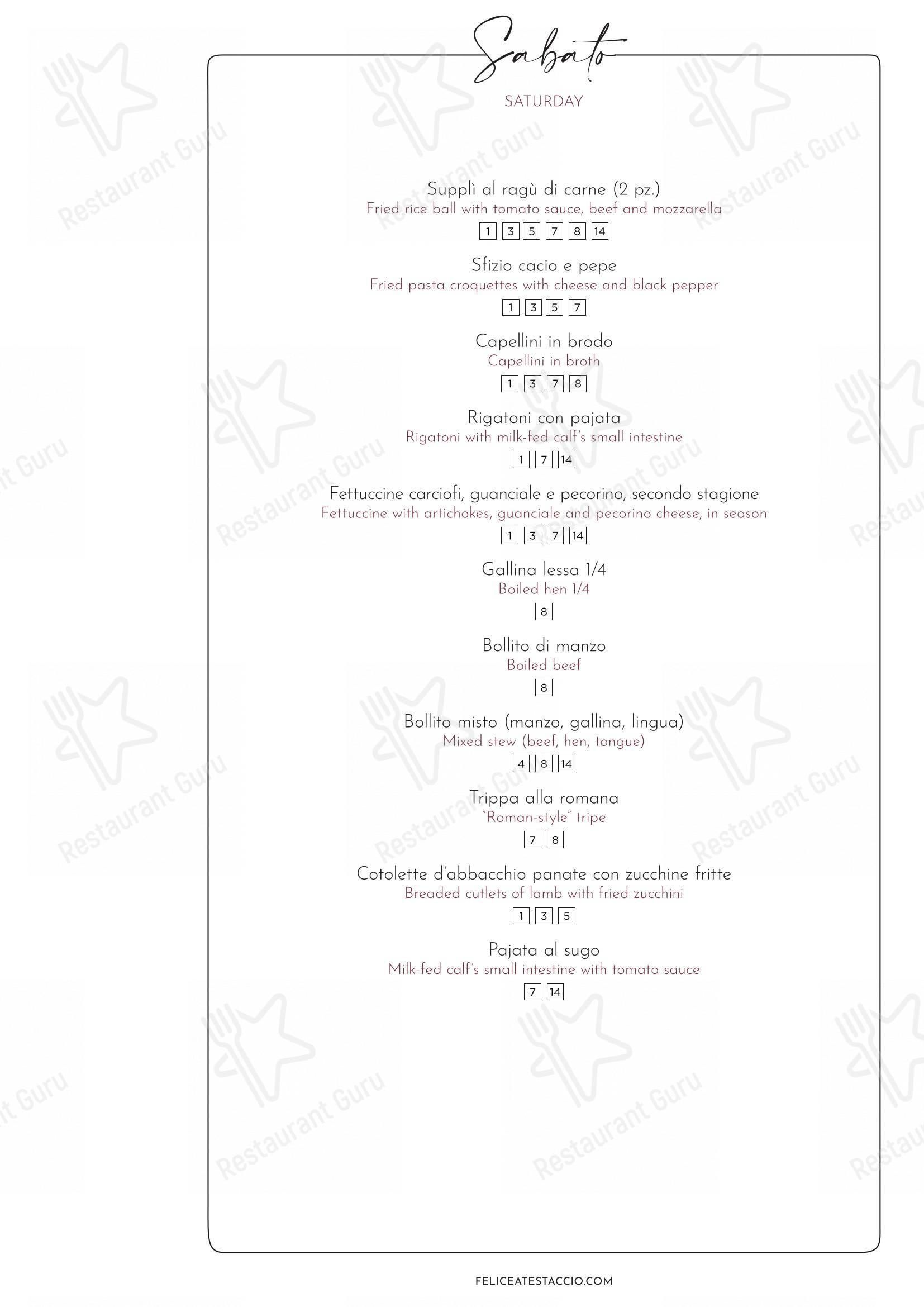 Menu per Felice a Testaccio ROMA in Roma