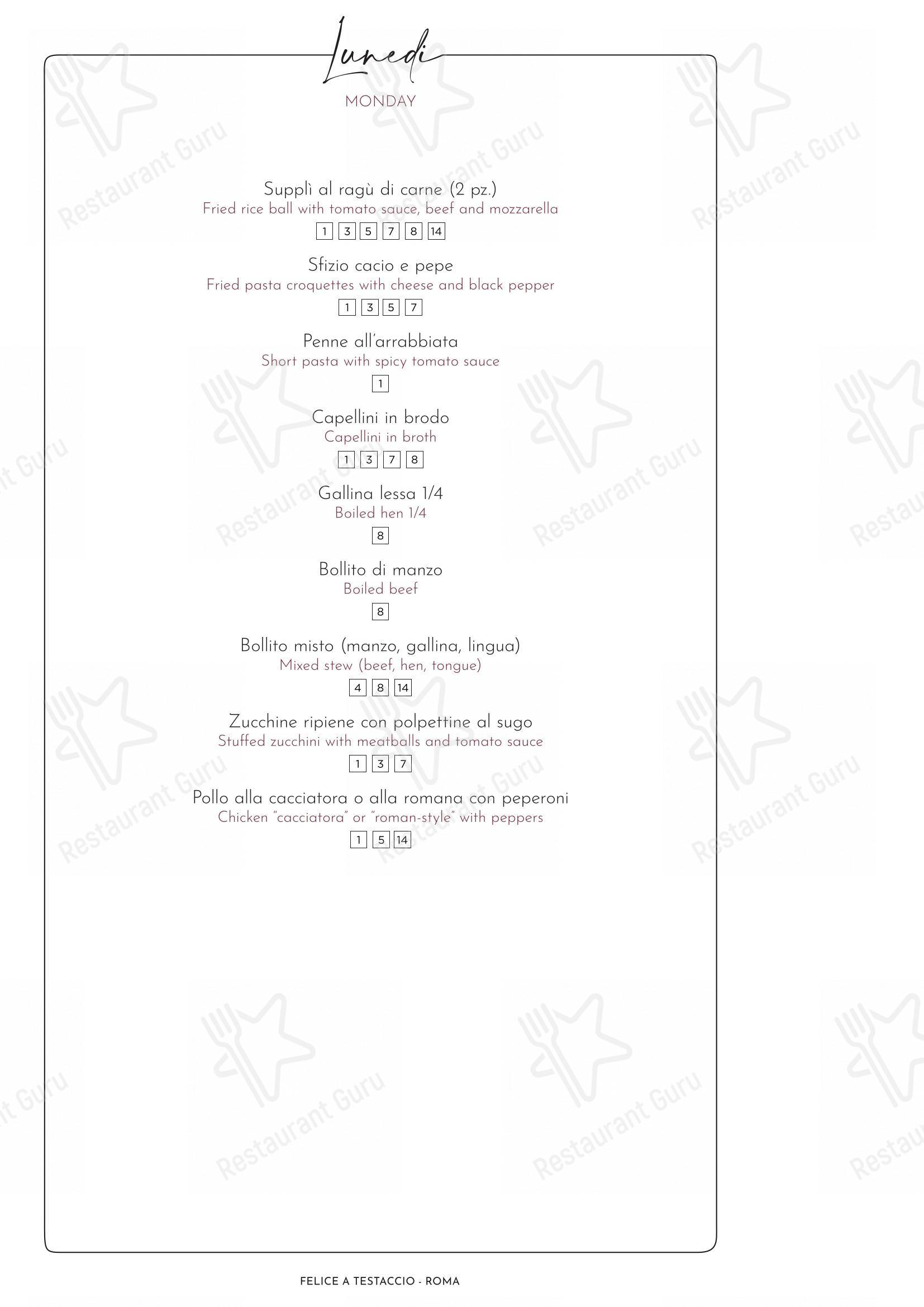 Menu per Felice a Testaccio ROMA ristorante con griglia