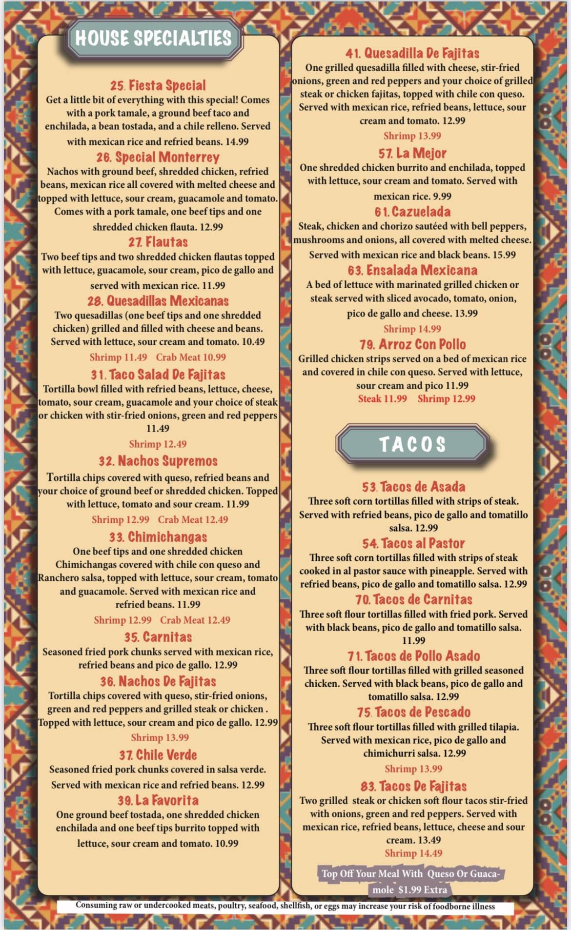 Menu at Fiesta Mexicana restaurant, Mount Vernon, 997 Coshocton Ave