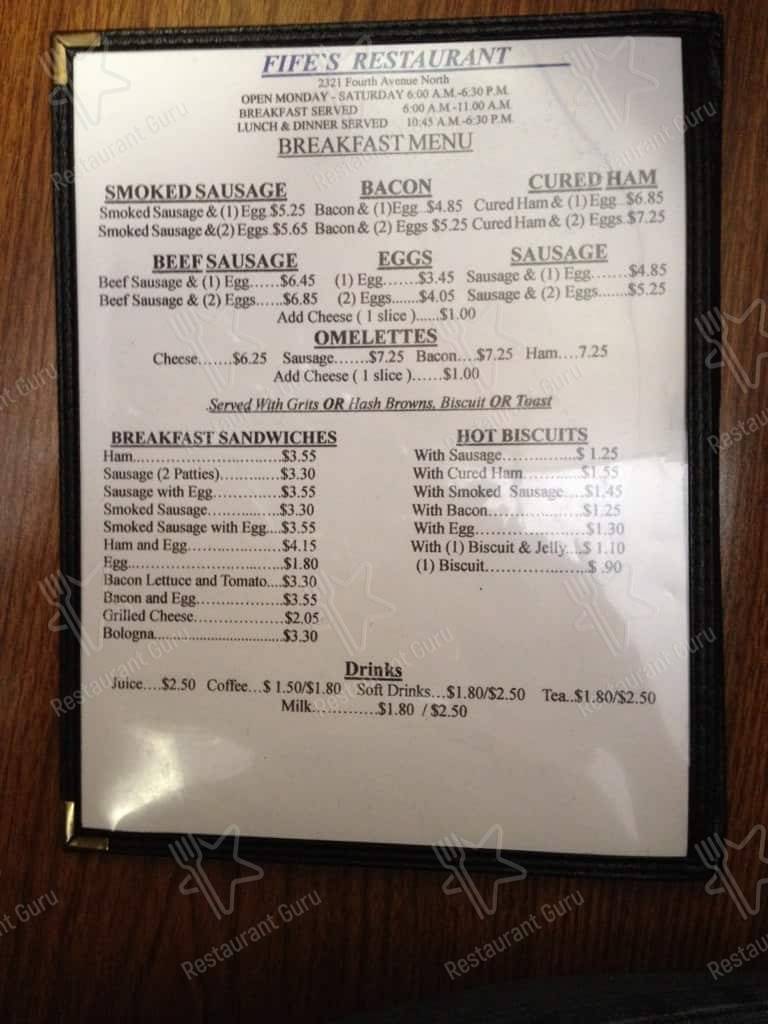 Menu at Fife’s Restaurant, Birmingham