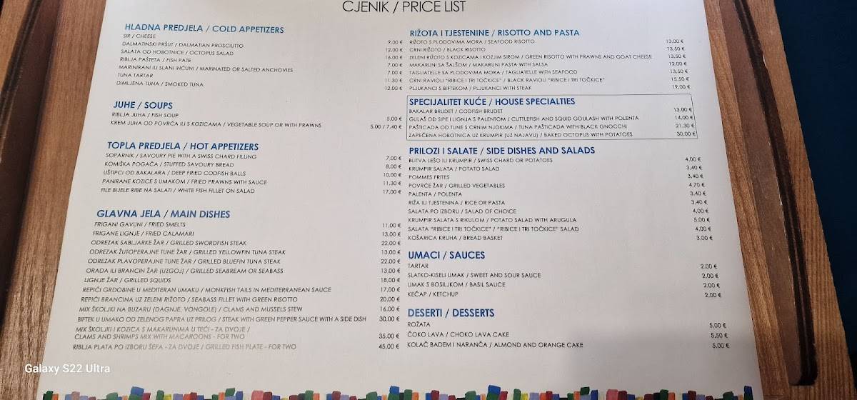 Menu di Fish Restaurant "Ribice i tri točkice" 