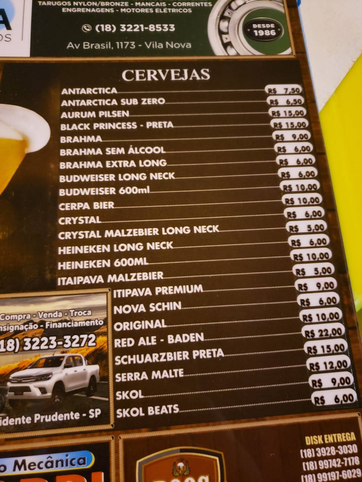 Bar do Pisca cardápio