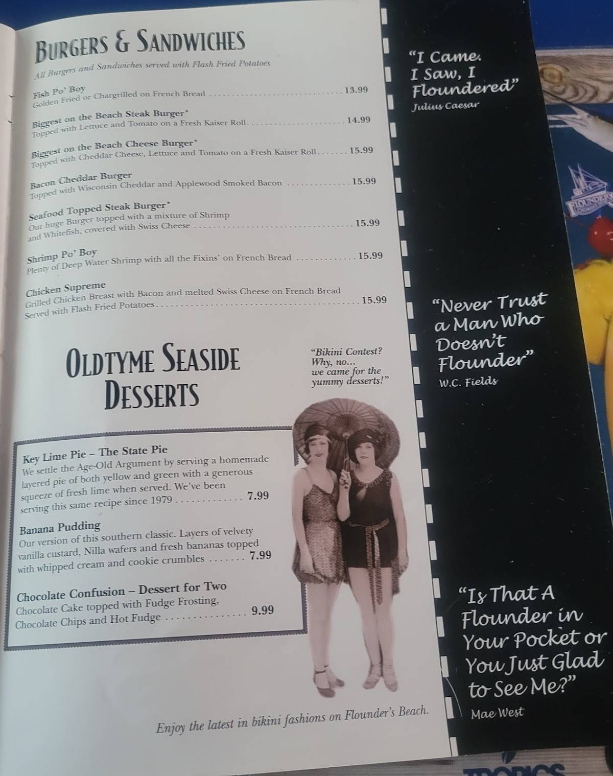 Menu at Flounder's Chowder House pub & bar, Pensacola Beach