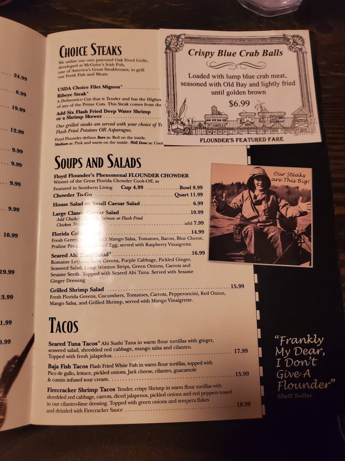 Menu at Flounder's Chowder House pub & bar, Pensacola Beach