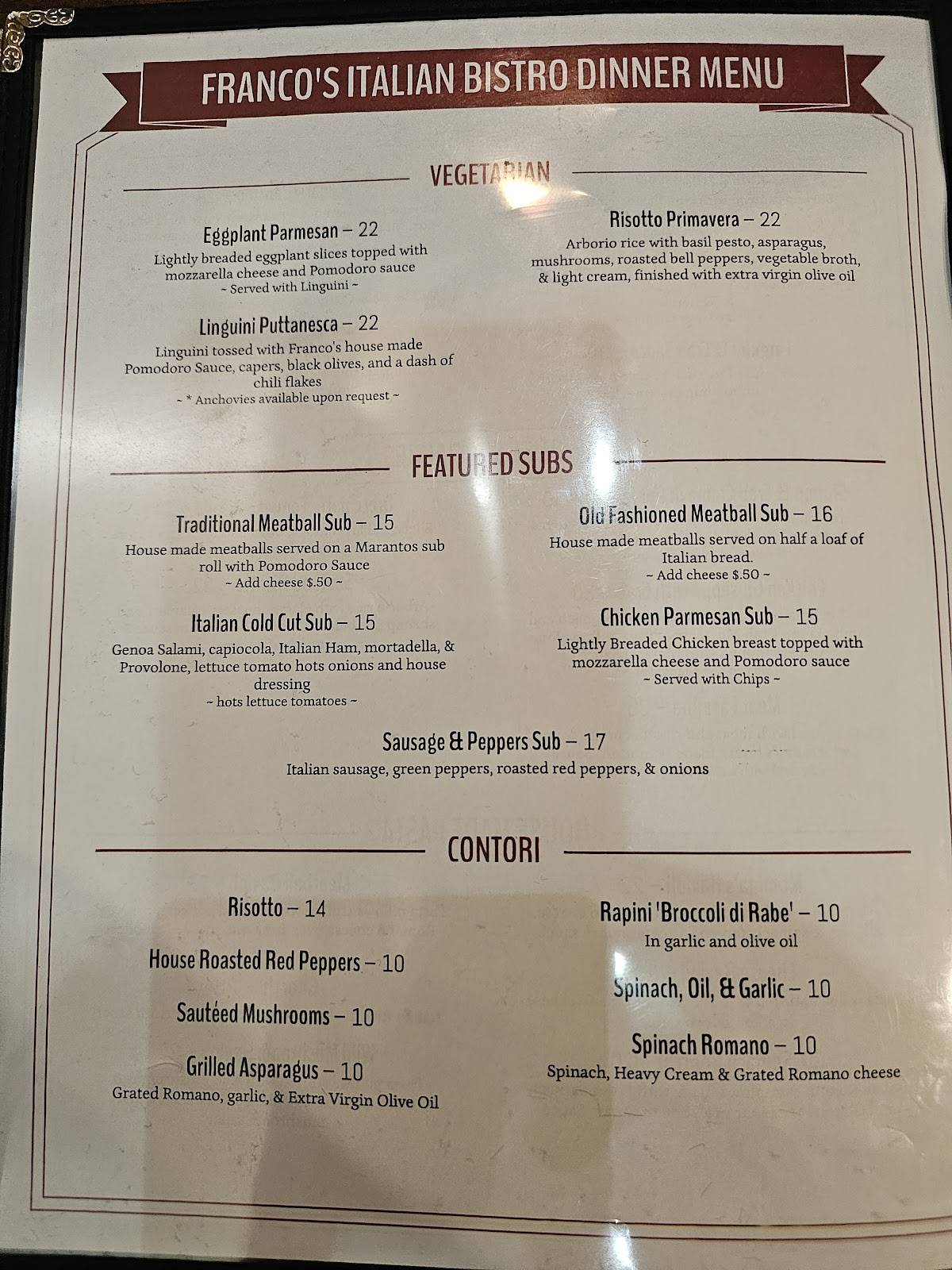 Menu at Franco's Italian Bistro Catonsville restaurant, Catonsville