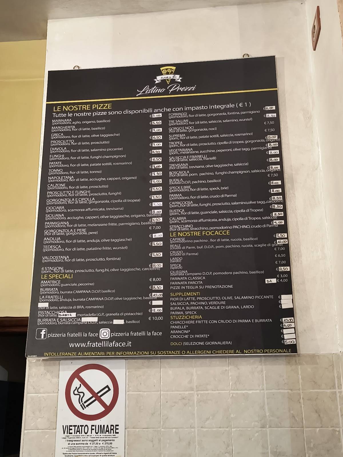 Menu di Fratelli La Face 