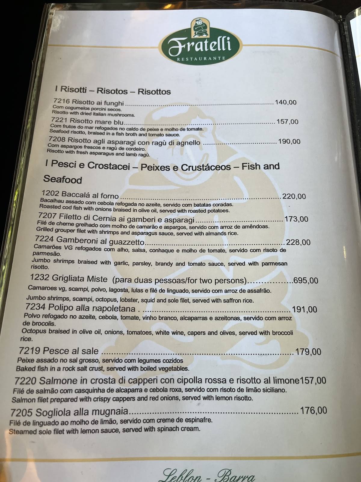 Fratelli cardápio